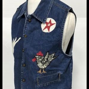 Vintage Ynot blue jeans vest Rooster patches
